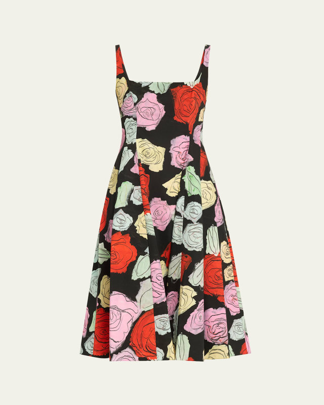 Sleeveless Rose-Print Cotton Poplin Midi Dress